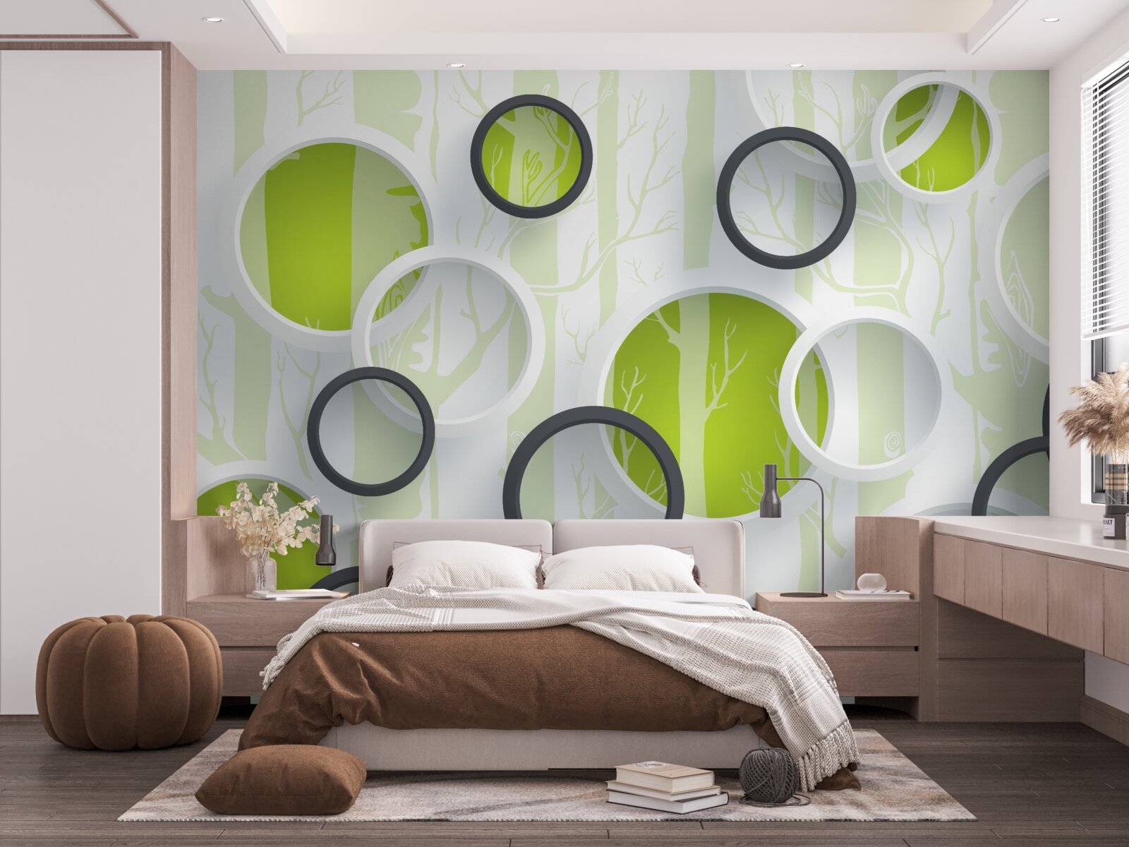 Fotobehang contourbeelden van bomen in zwart-witte cirkels