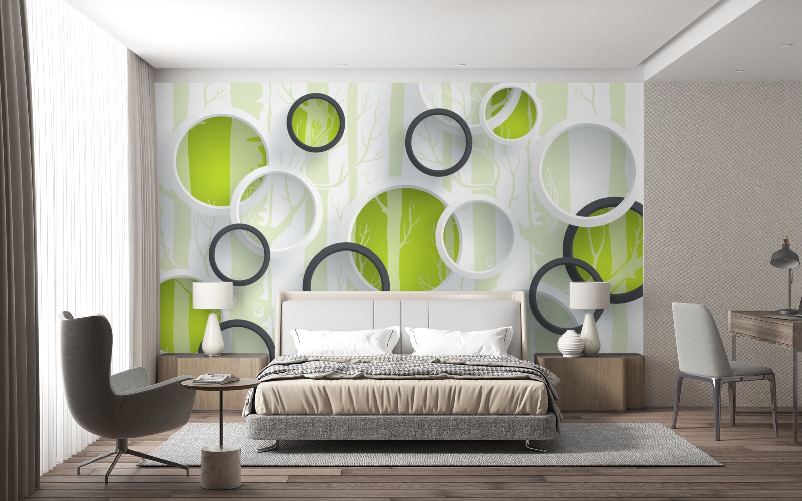 Fotobehang contourbeelden van bomen in zwart-witte cirkels