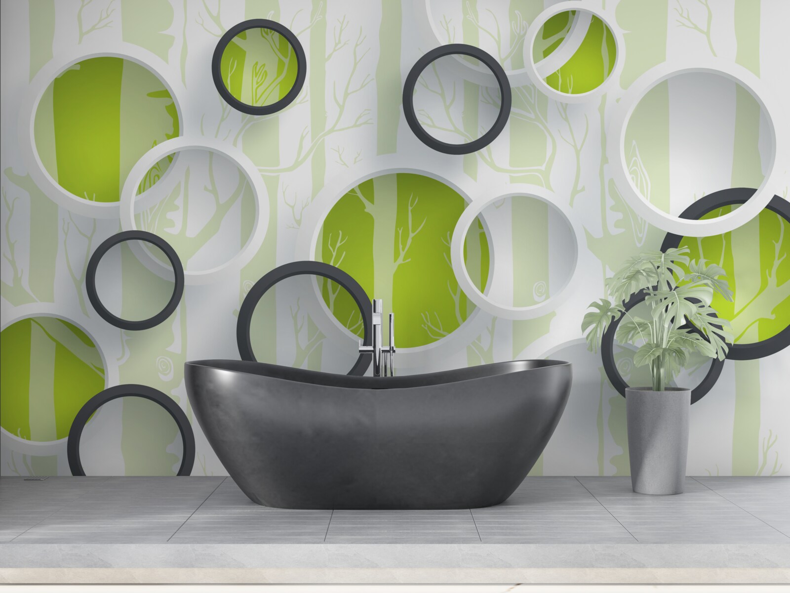 Fotobehang contourbeelden van bomen in zwart-witte cirkels