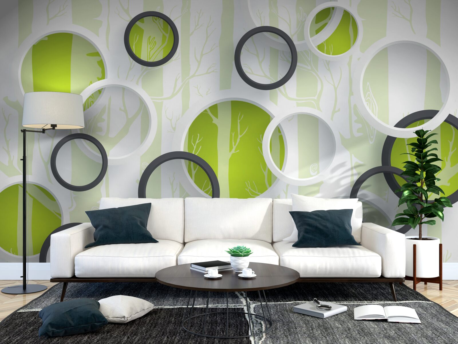 Fotobehang contourbeelden van bomen in zwart-witte cirkels