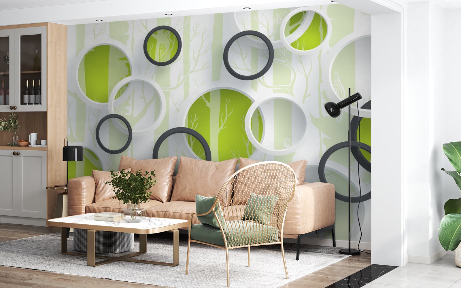 Fotobehang contourbeelden van bomen in zwart-witte cirkels