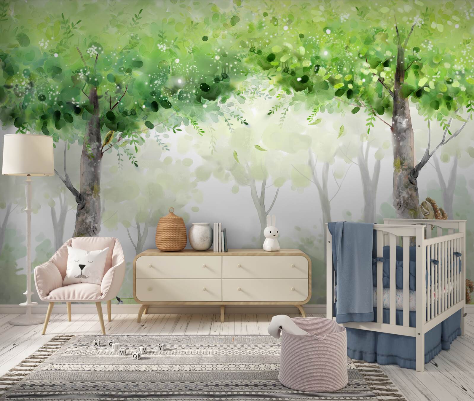 Fotobehang zomerbos geschilderd in aquarel