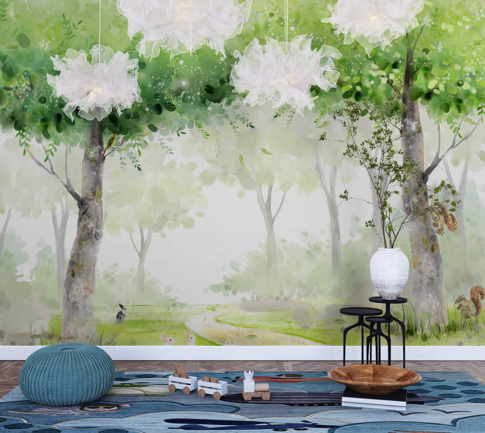 Fotobehang zomerbos geschilderd in aquarel