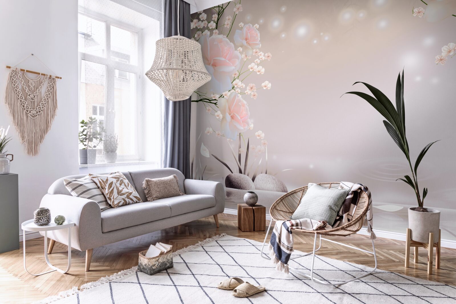 Fotobehang zachte theekleurige roos aan takken