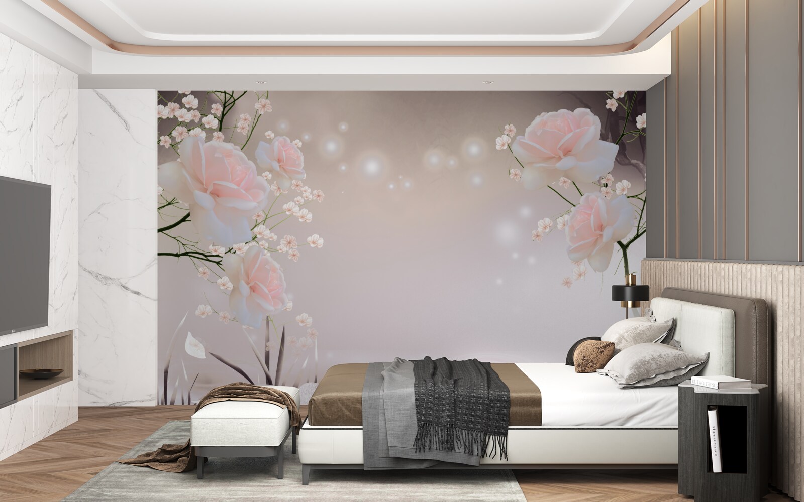 Fotobehang zachte theekleurige roos aan takken