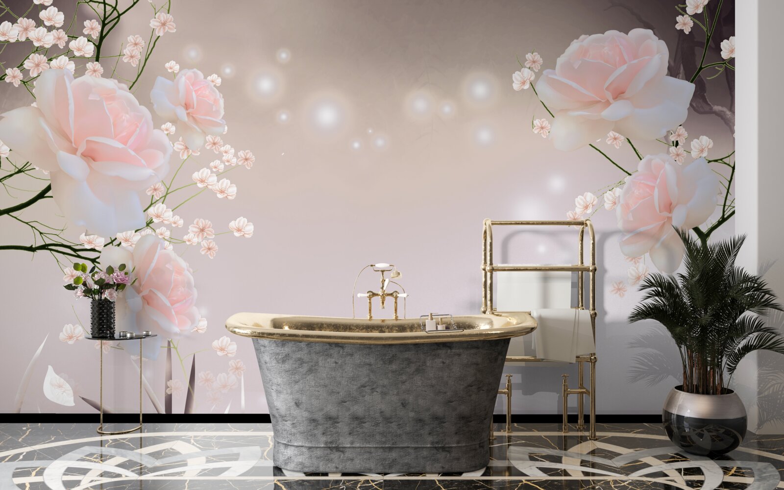 Fotobehang zachte theekleurige roos aan takken