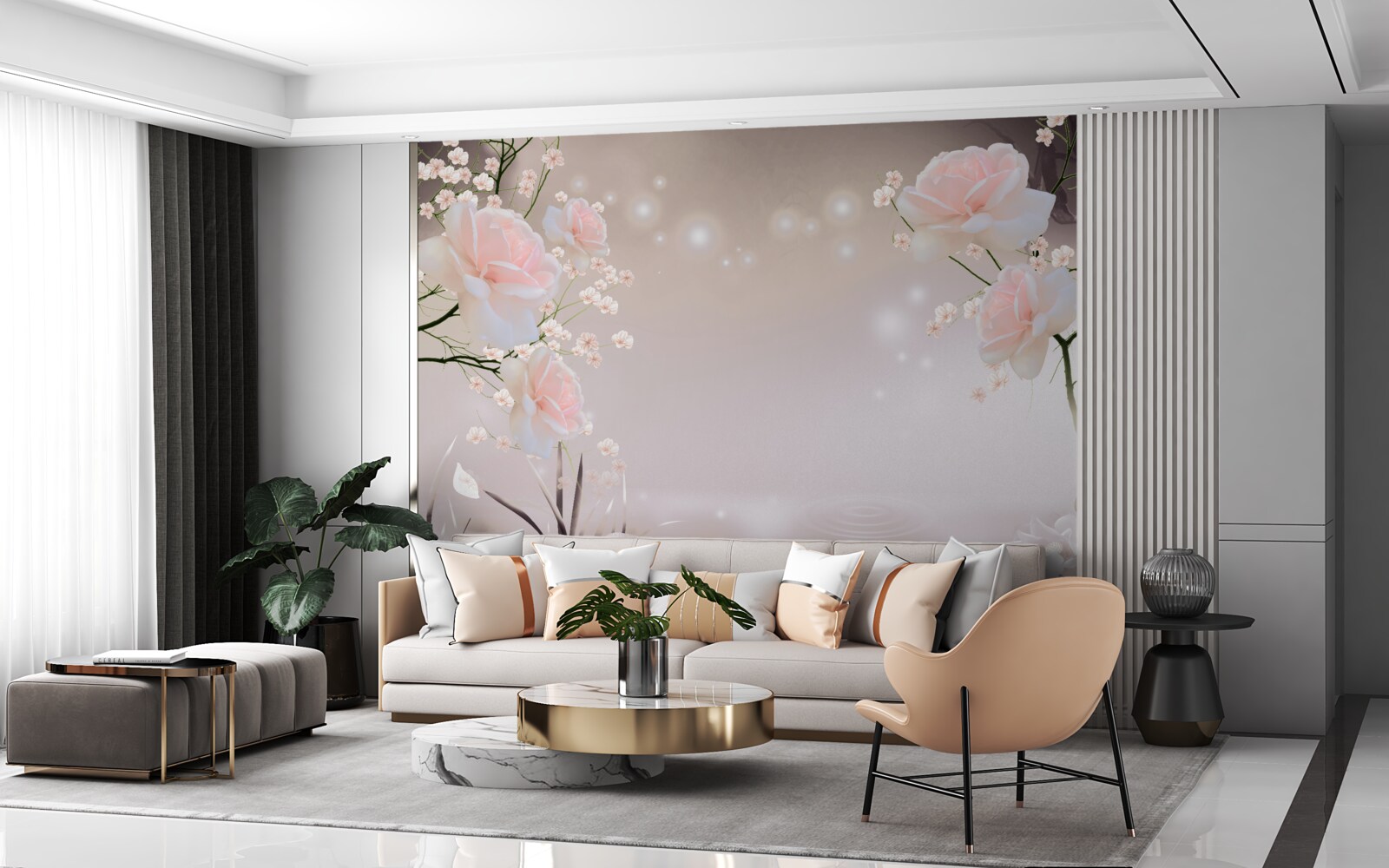 Fotobehang zachte theekleurige roos aan takken