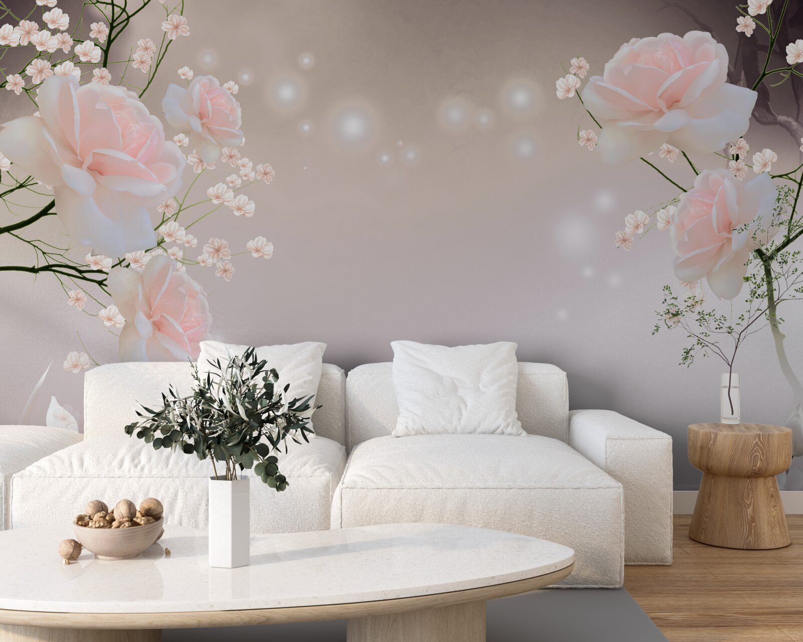 Fotobehang zachte theekleurige roos aan takken