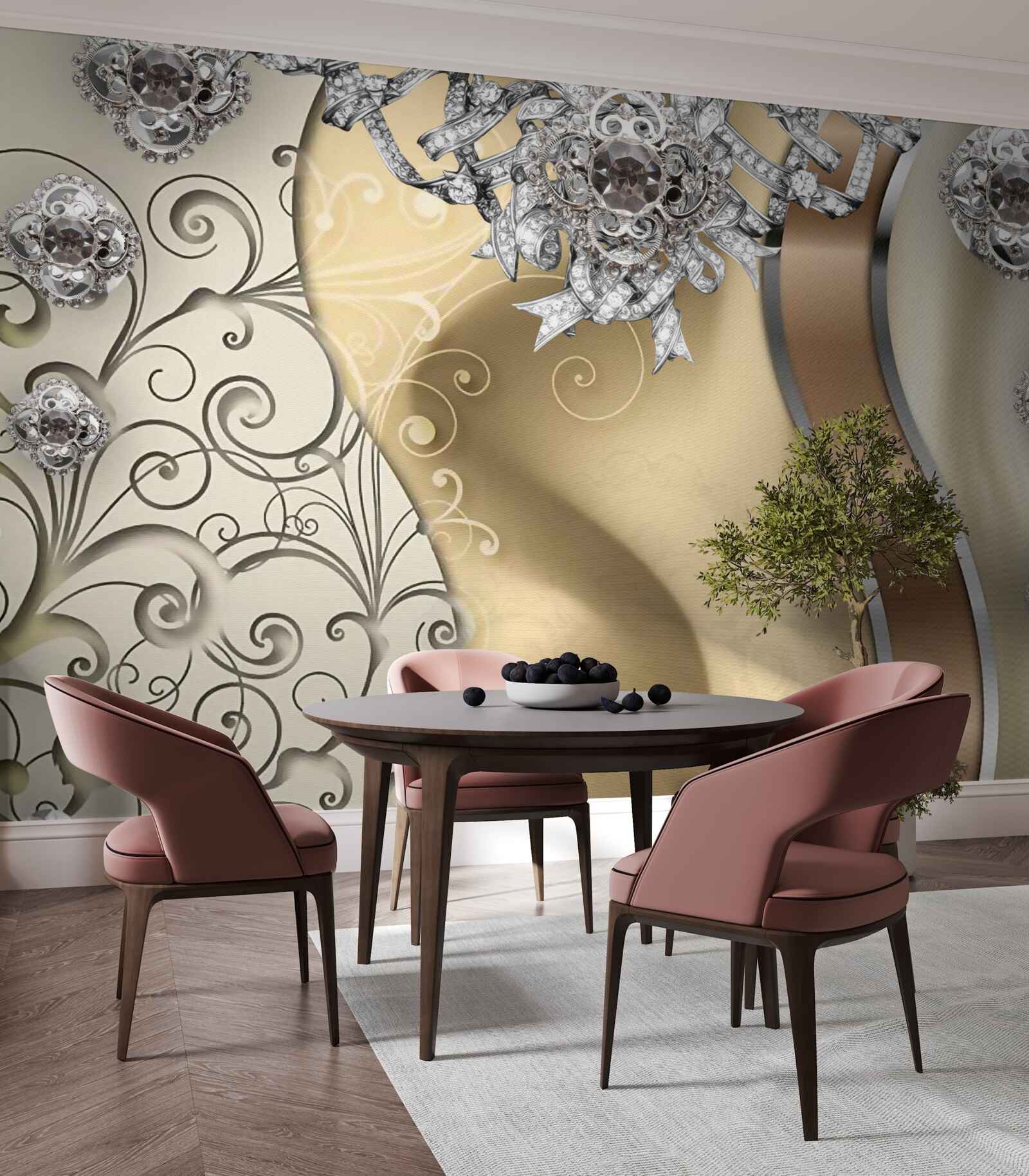 Fotobehang bloemen van zilver op goud