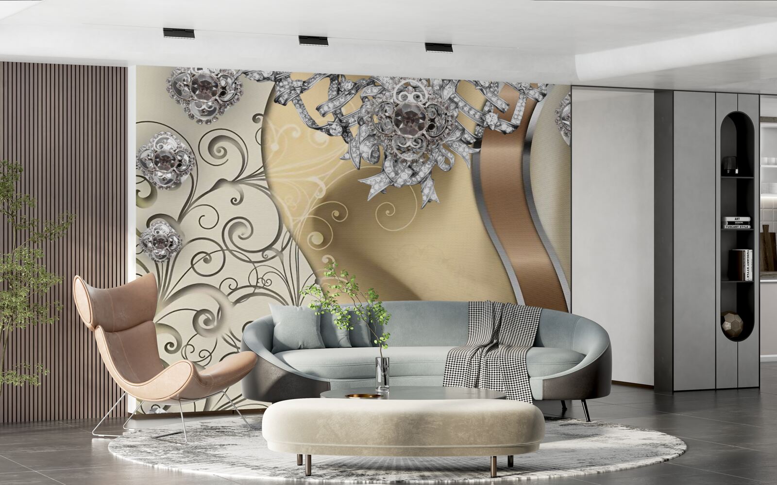 Fotobehang bloemen van zilver op goud