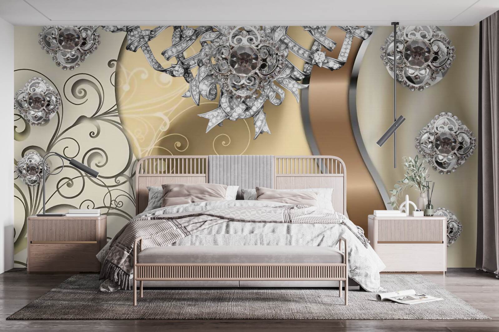 Fotobehang bloemen van zilver op goud