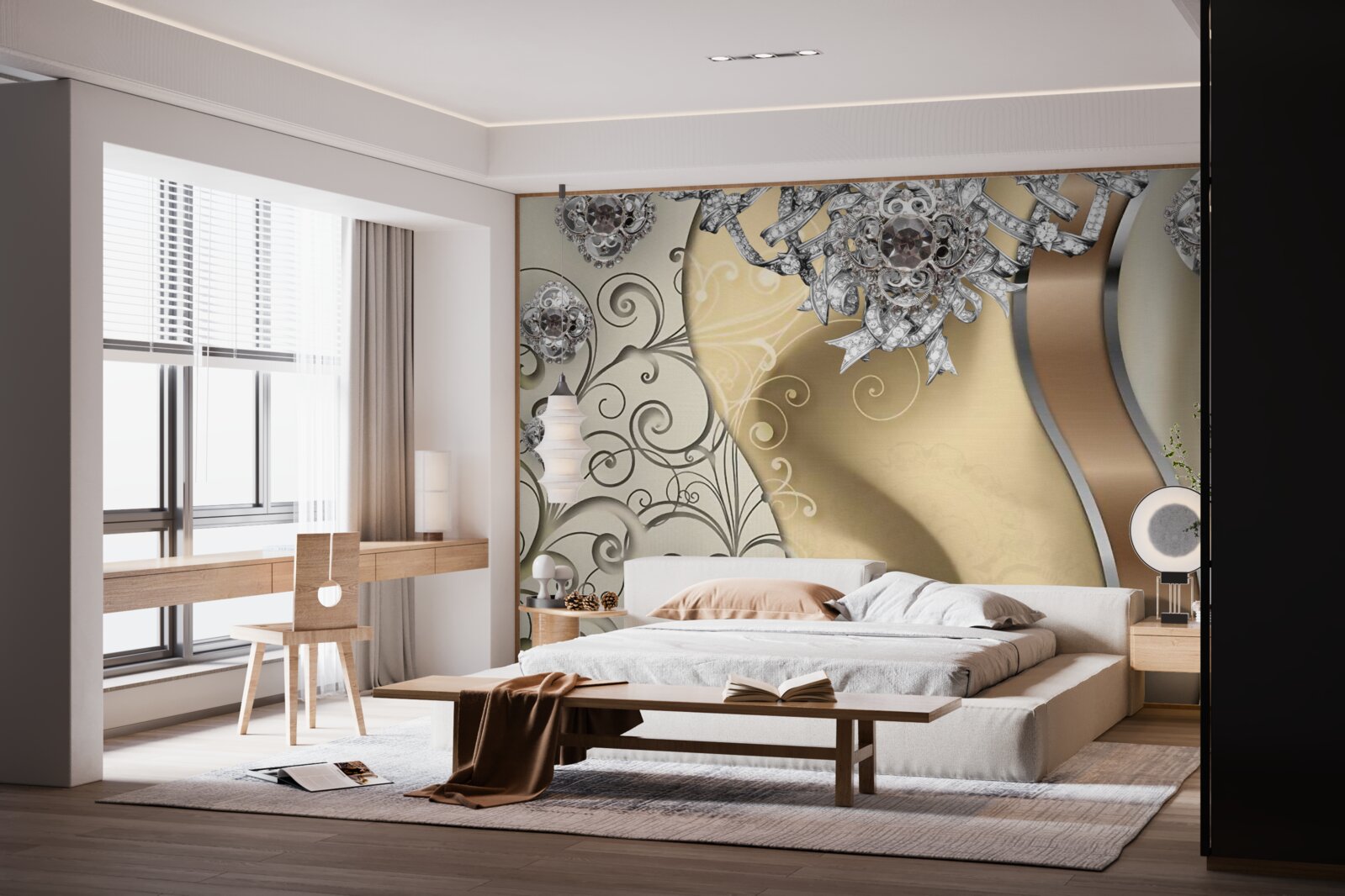 Fotobehang bloemen van zilver op goud