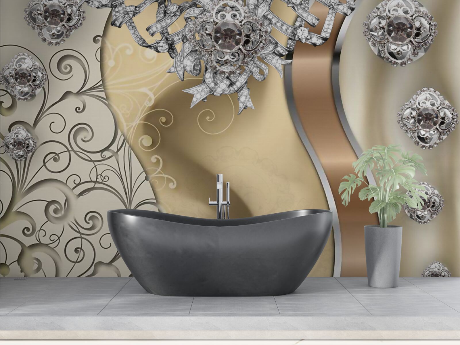 Fotobehang bloemen van zilver op goud