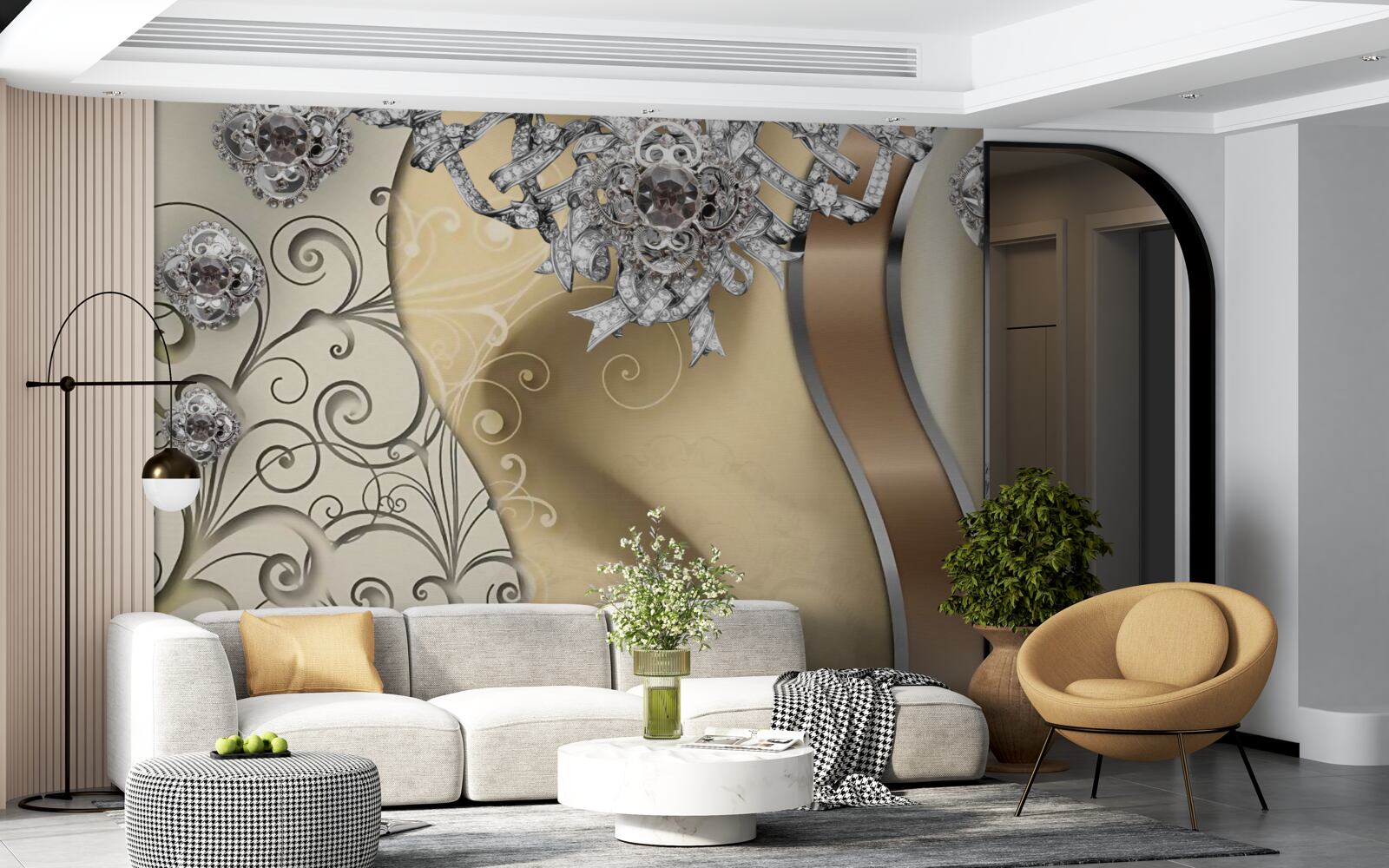 Fotobehang bloemen van zilver op goud