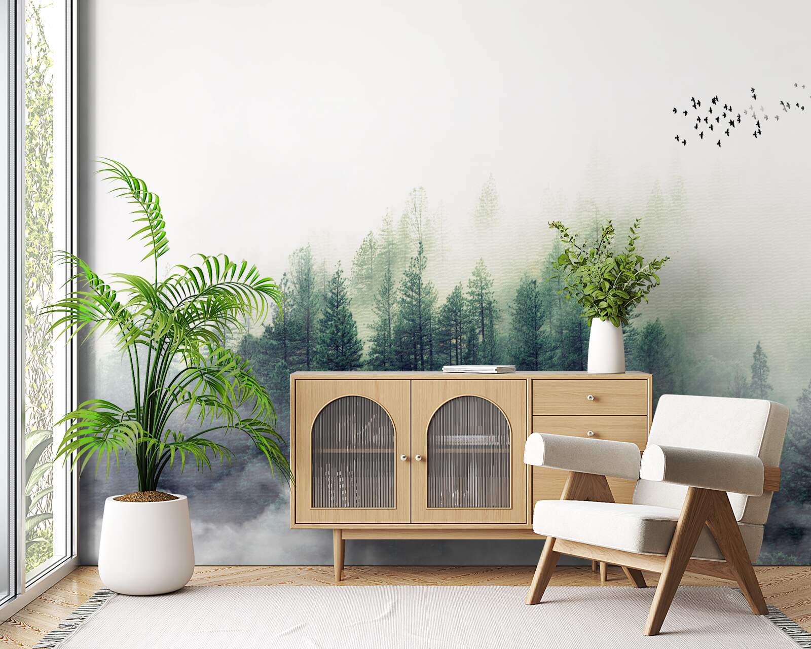 Fotobehang het bos onder de vogels is bedekt met mist