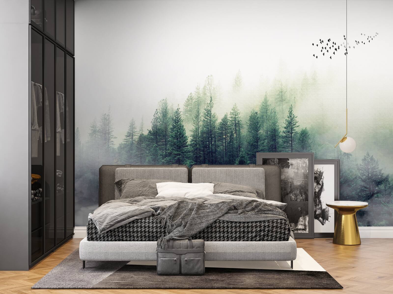 Fotobehang het bos onder de vogels is bedekt met mist