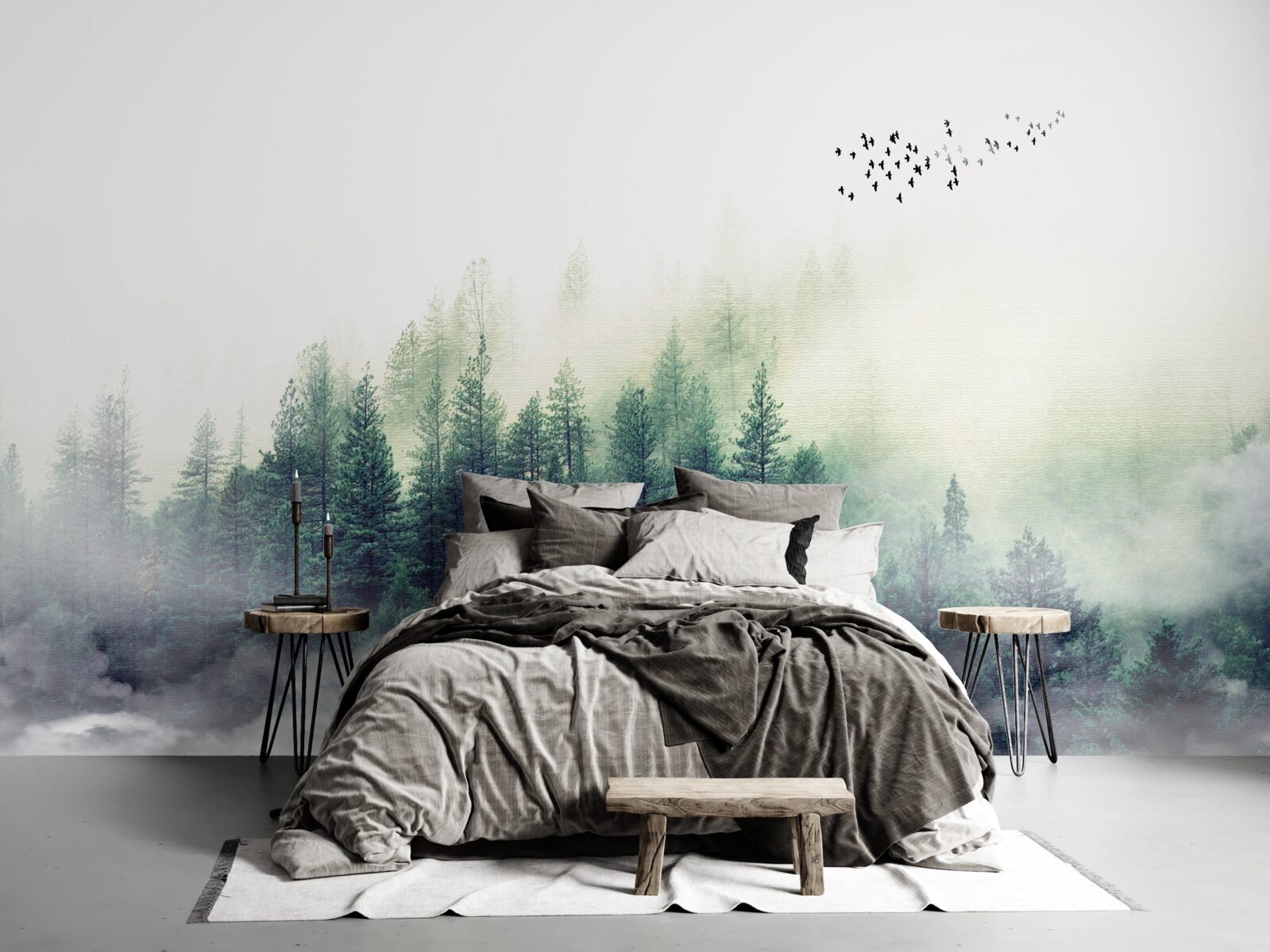 Fotobehang het bos onder de vogels is bedekt met mist