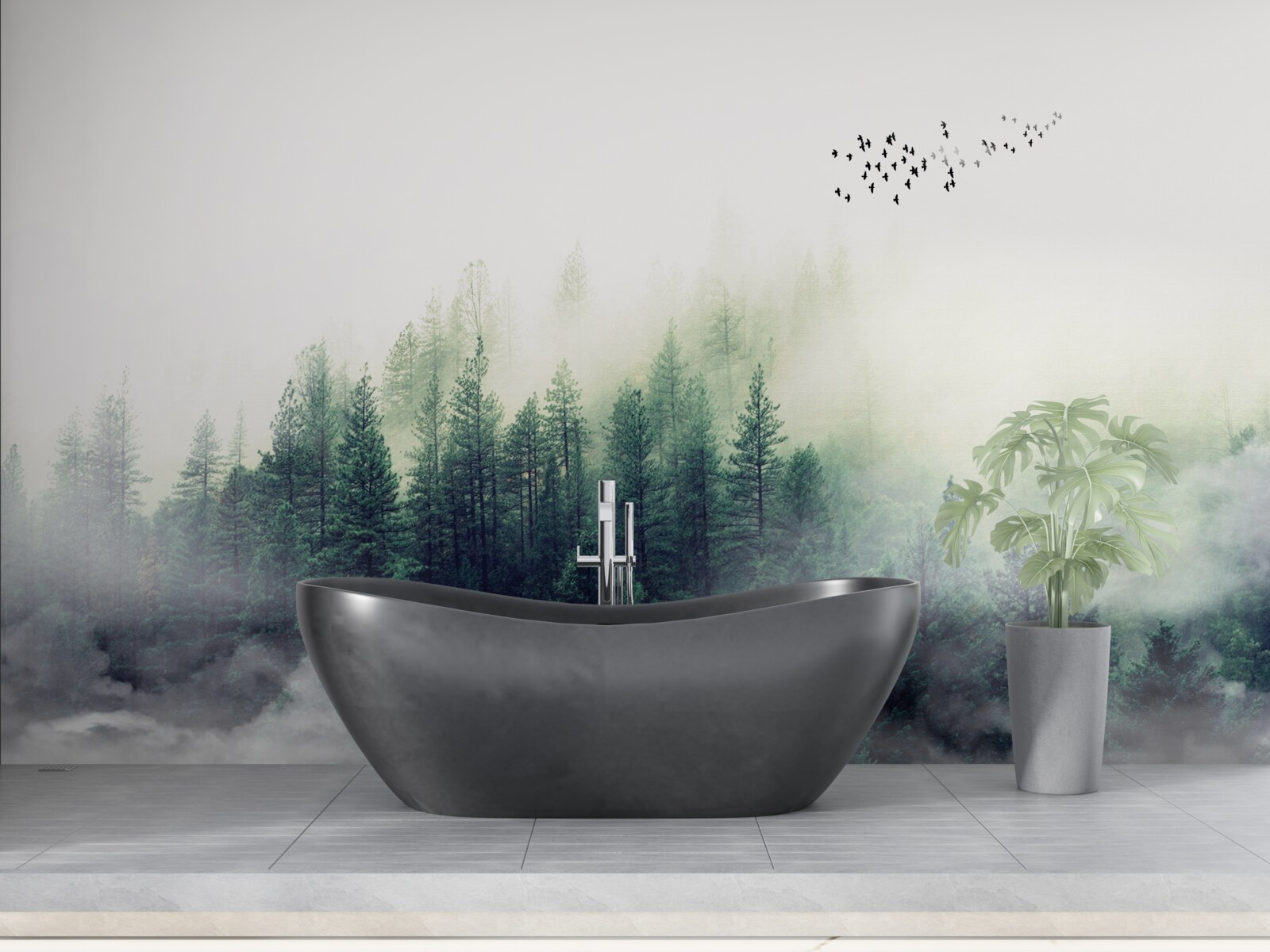 Fotobehang het bos onder de vogels is bedekt met mist