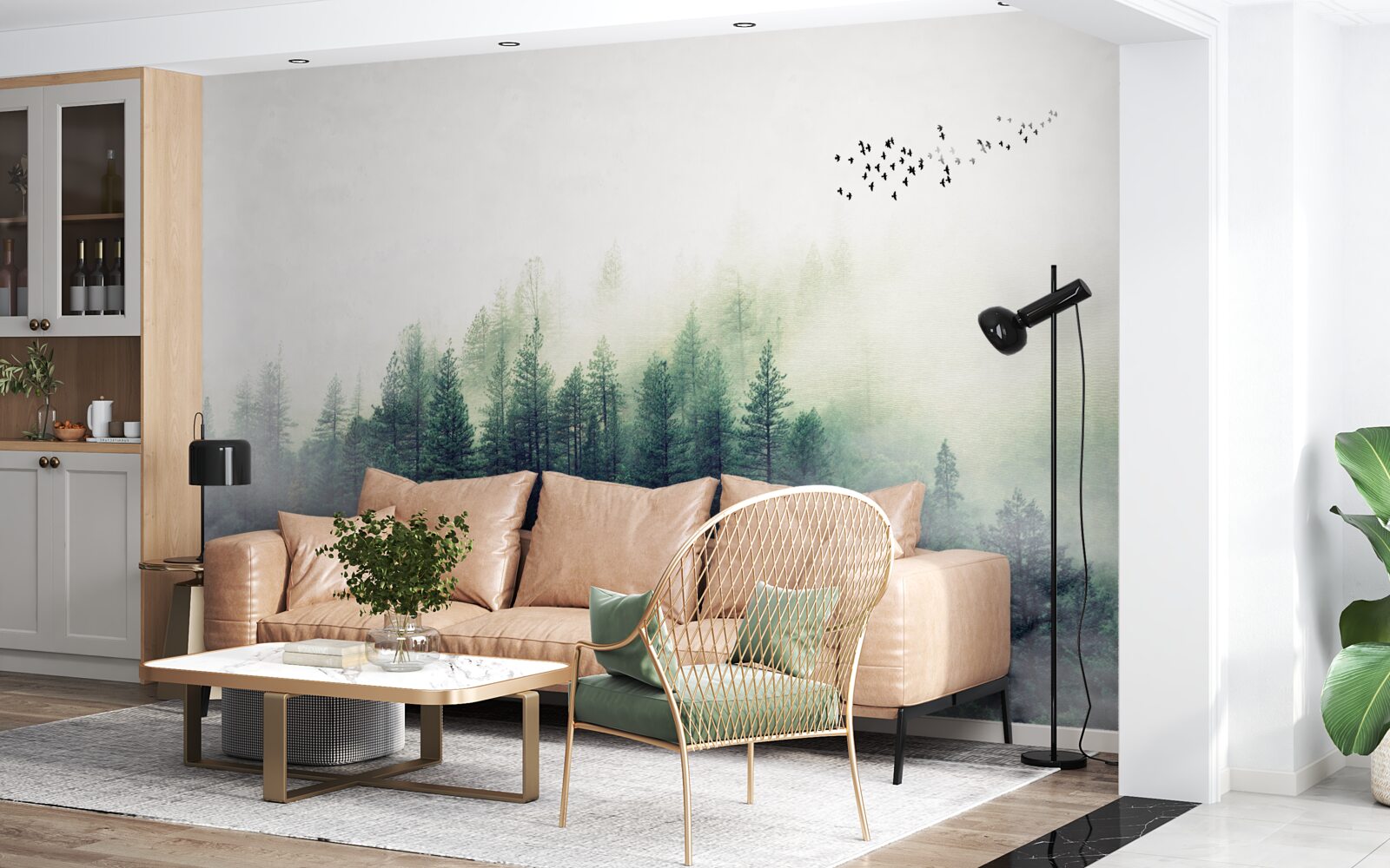 Fotobehang het bos onder de vogels is bedekt met mist