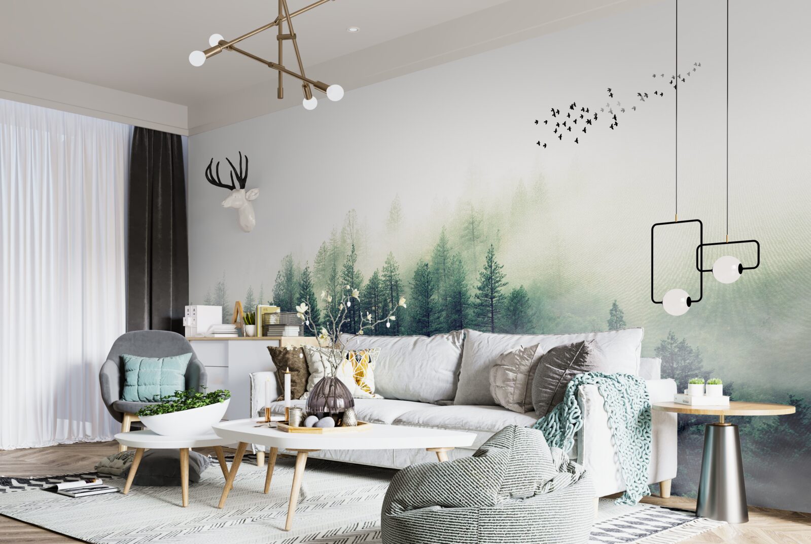 Fotobehang het bos onder de vogels is bedekt met mist