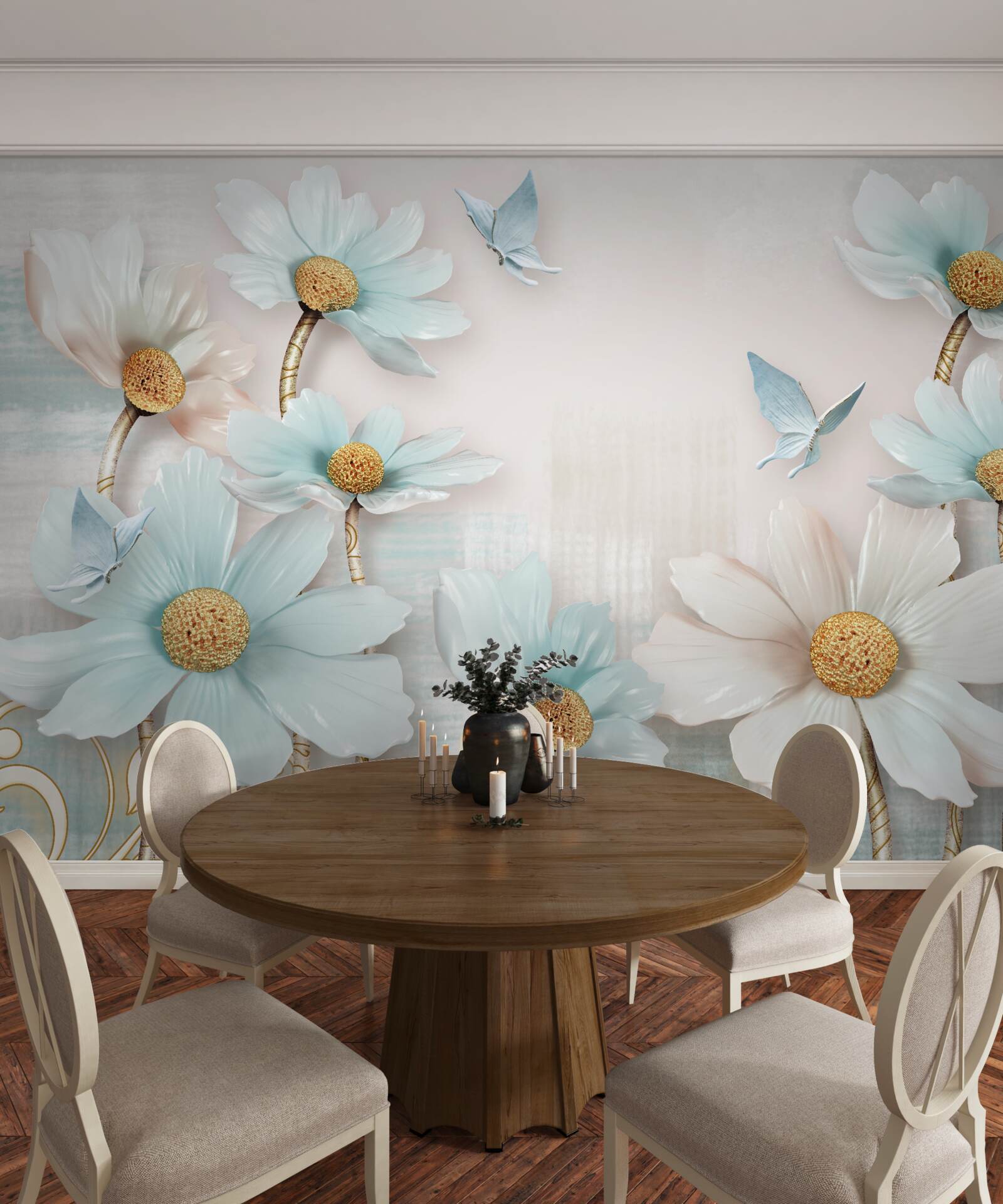 Fotobehang grote bloemen in wit en blauw
