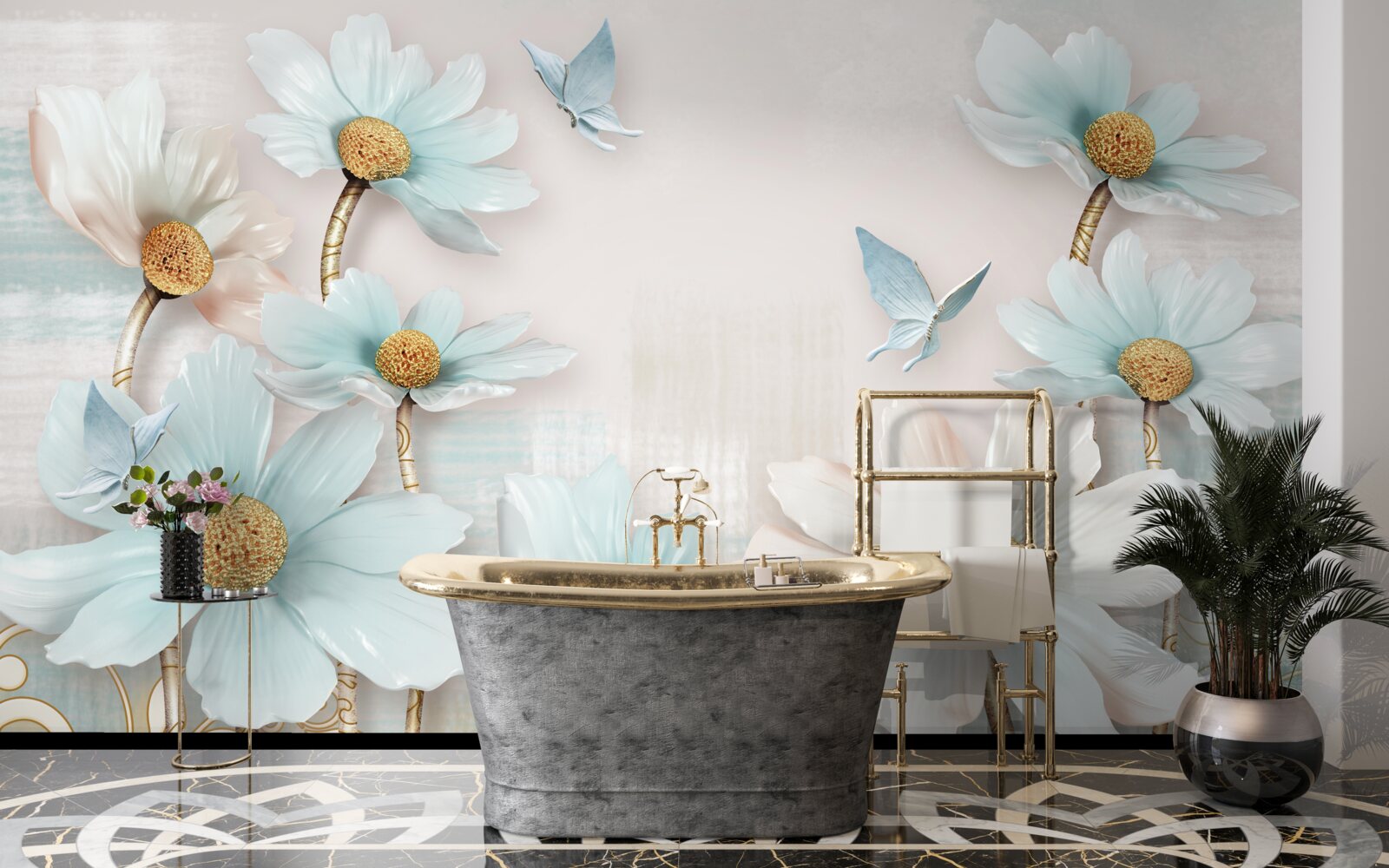 Fotobehang grote bloemen in wit en blauw