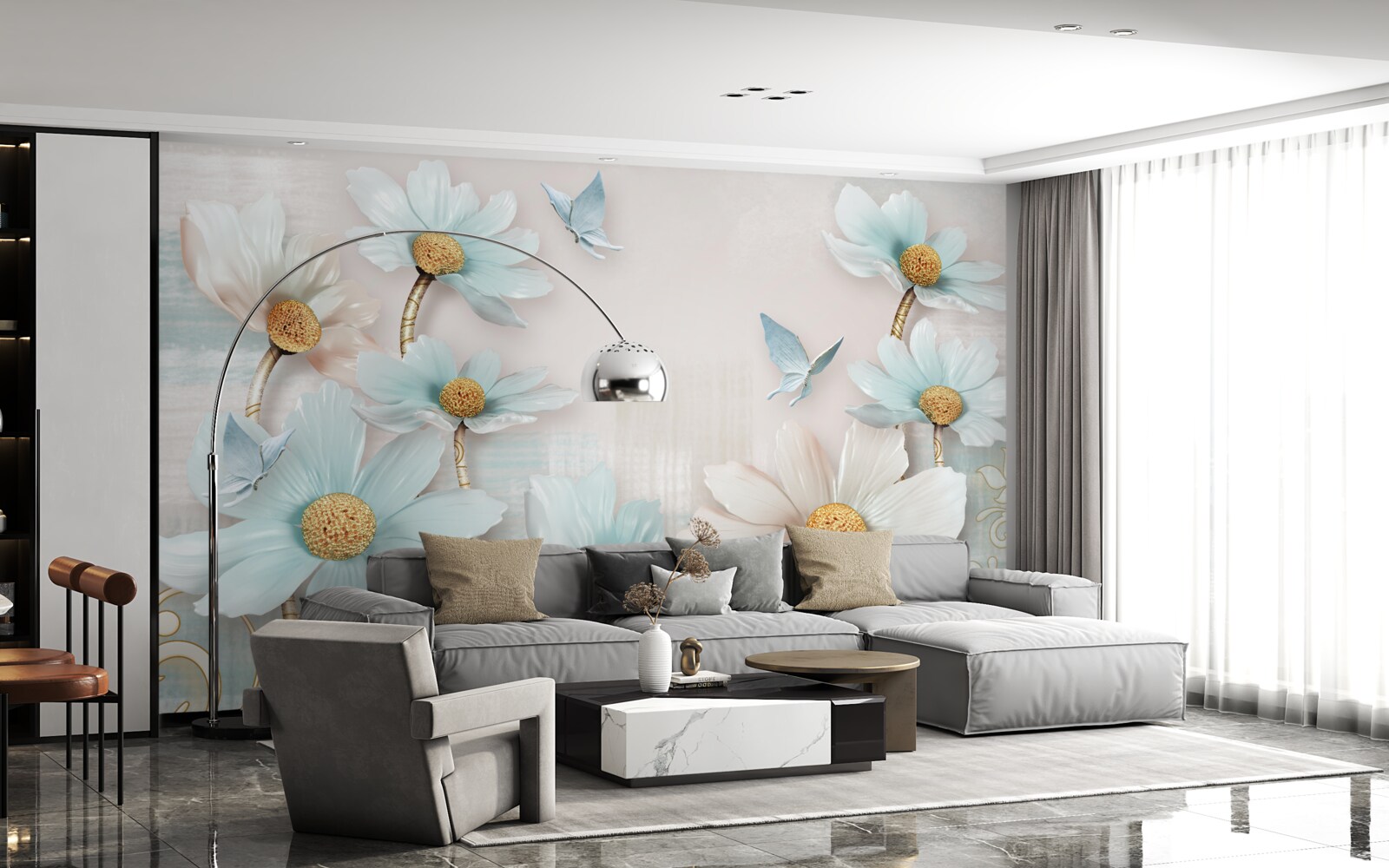 Fotobehang grote bloemen in wit en blauw