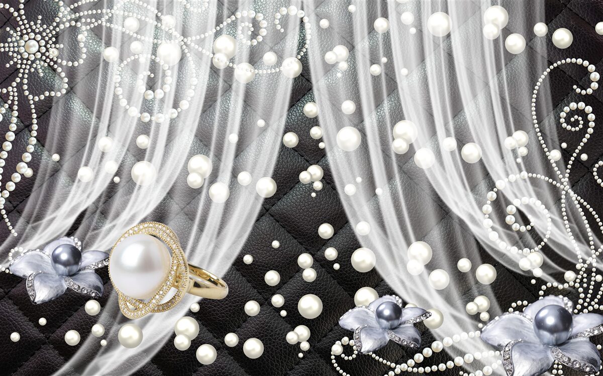 Fotobehang gouden decoraties en witte gordijnen