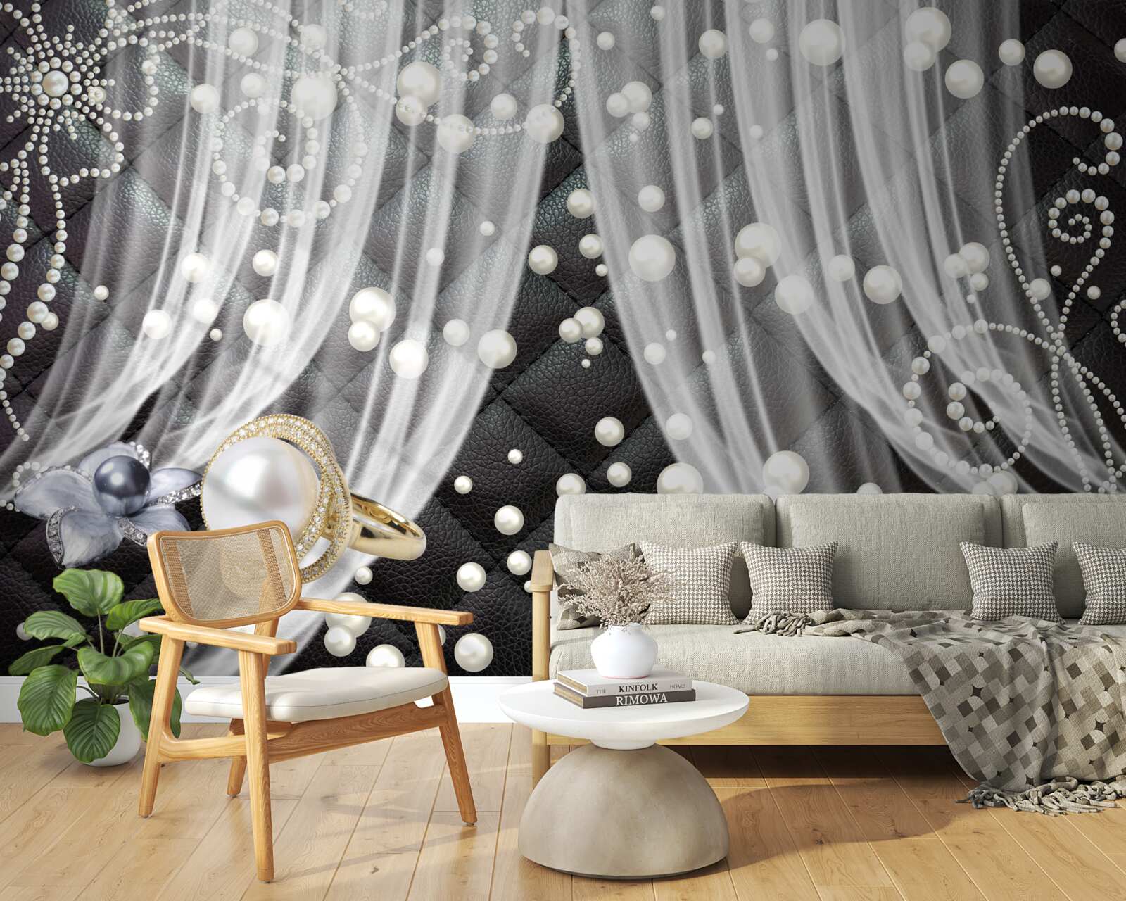 Fotobehang gouden decoraties en witte gordijnen