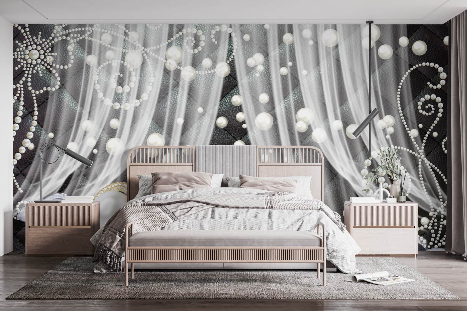 Fotobehang gouden decoraties en witte gordijnen