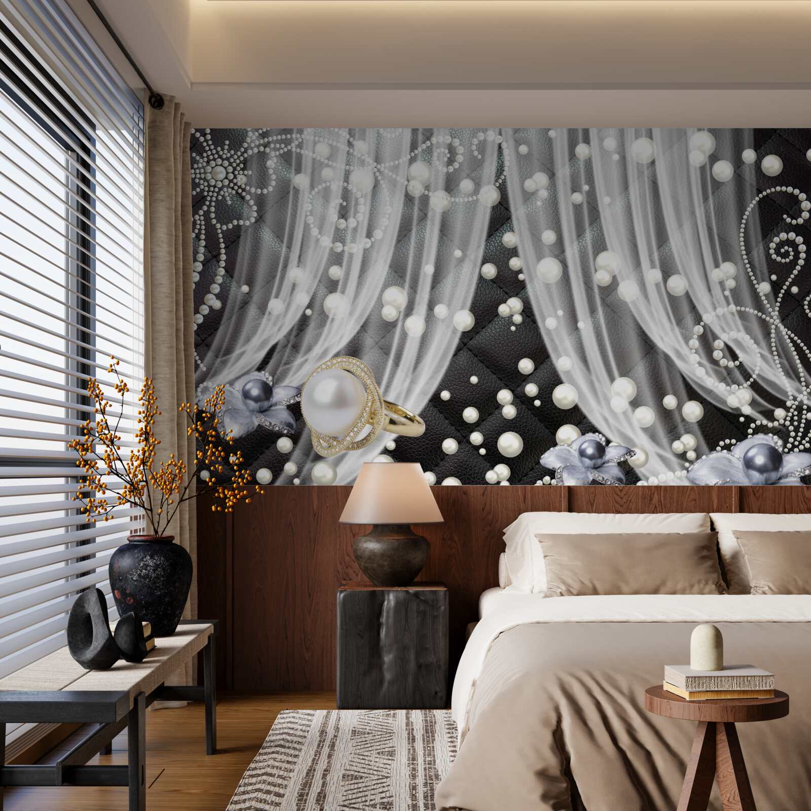 Fotobehang gouden decoraties en witte gordijnen