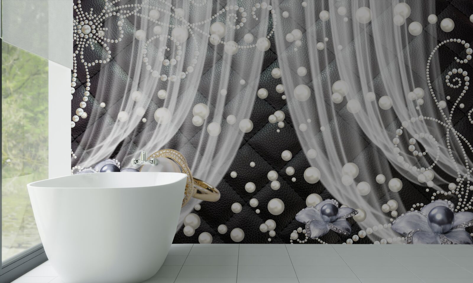 Fotobehang gouden decoraties en witte gordijnen