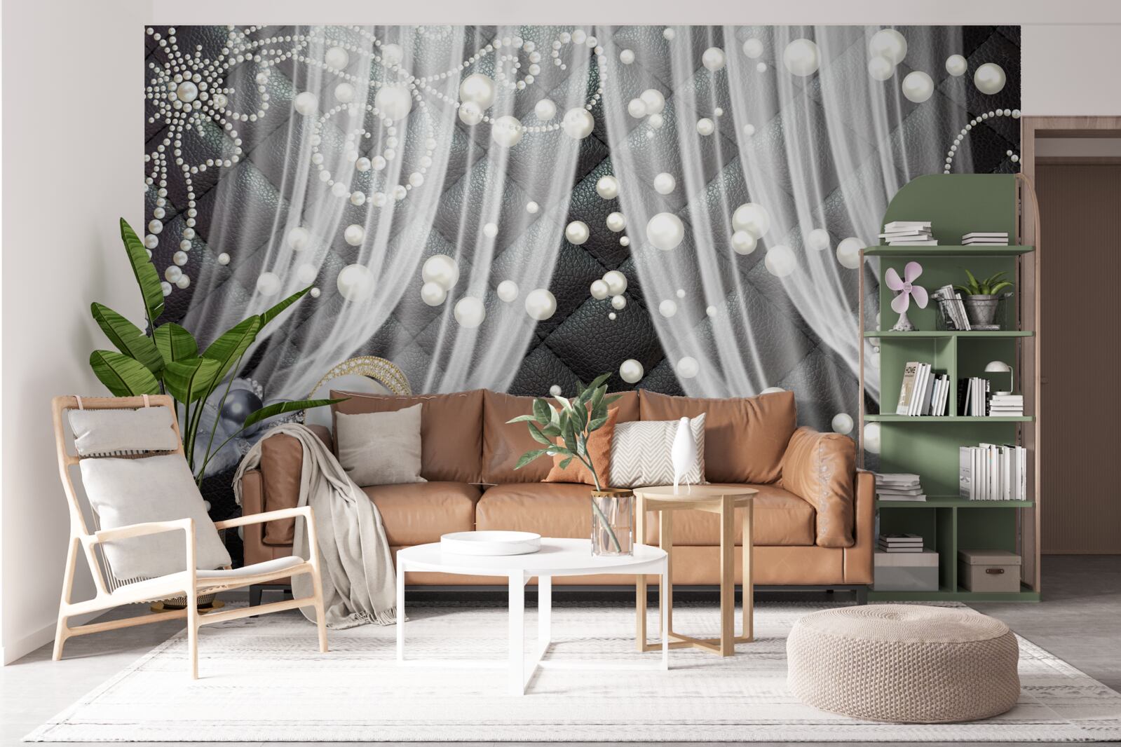 Fotobehang gouden decoraties en witte gordijnen