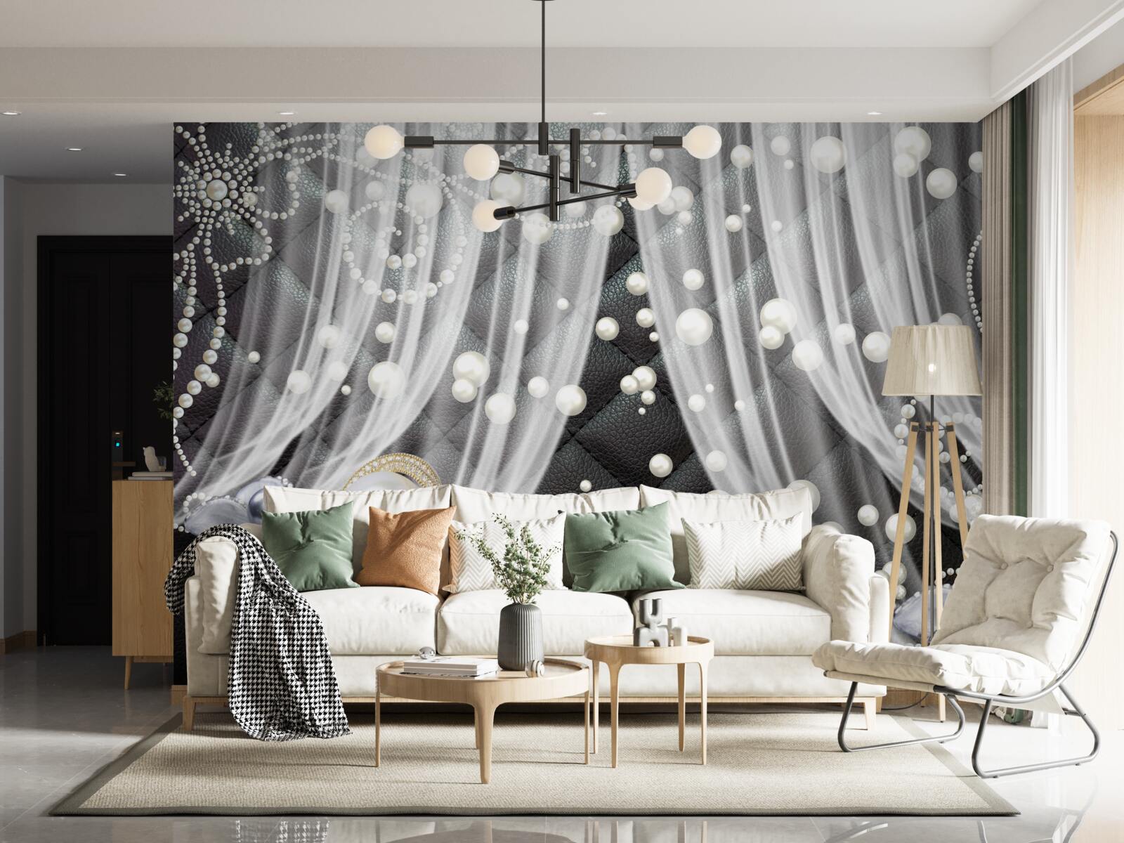 Fotobehang gouden decoraties en witte gordijnen