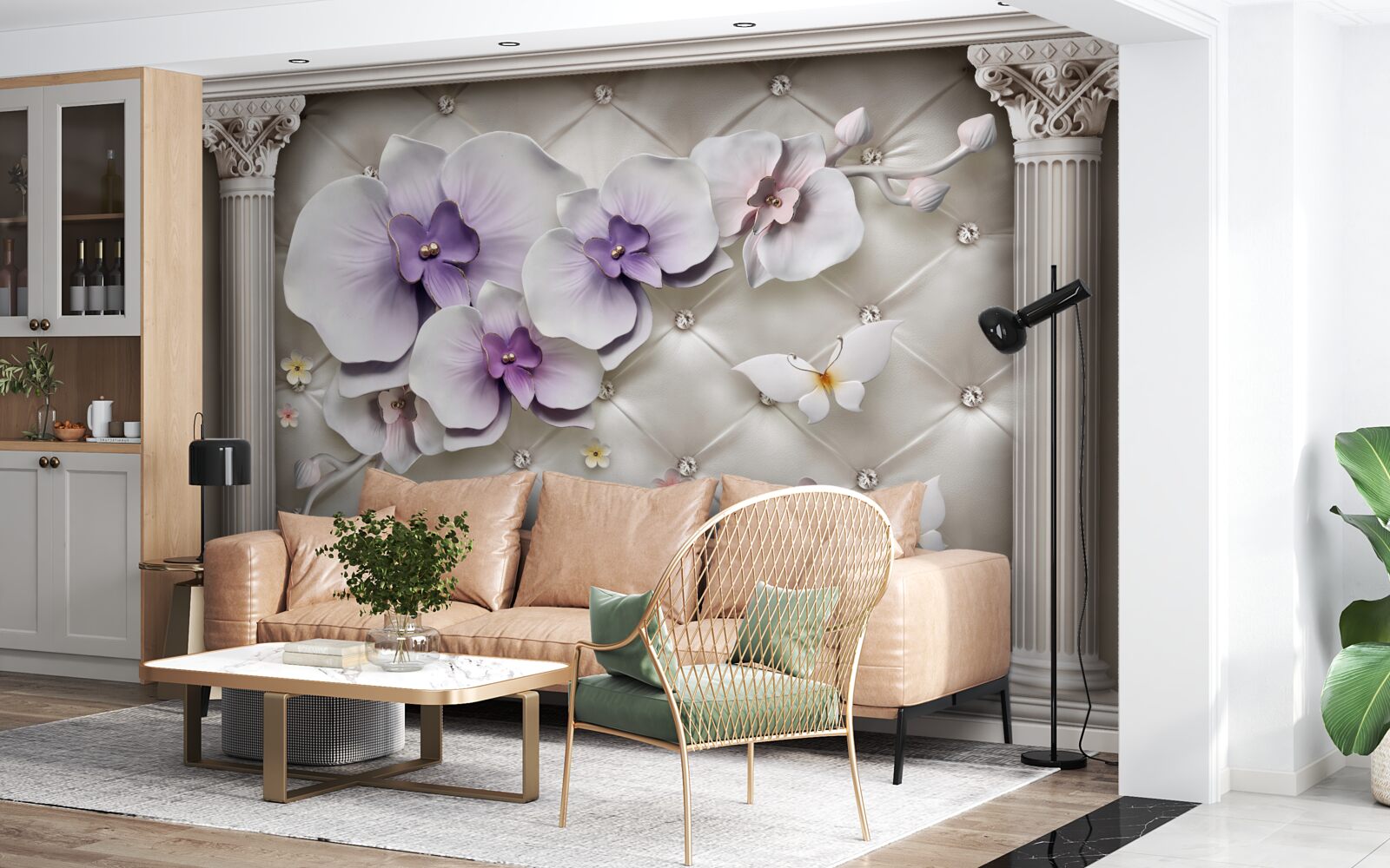 Fotobehang Sneeuwwitte orchidee versierd met goud en parels