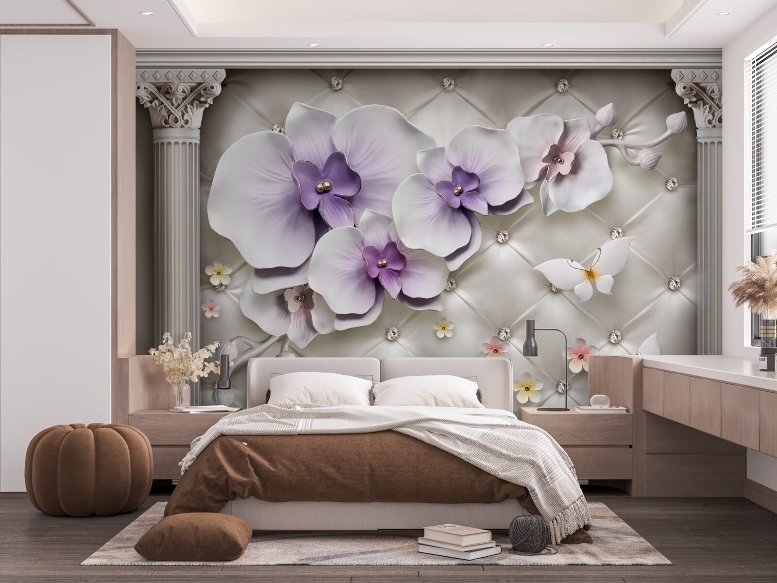 Fotobehang Sneeuwwitte orchidee versierd met goud en parels