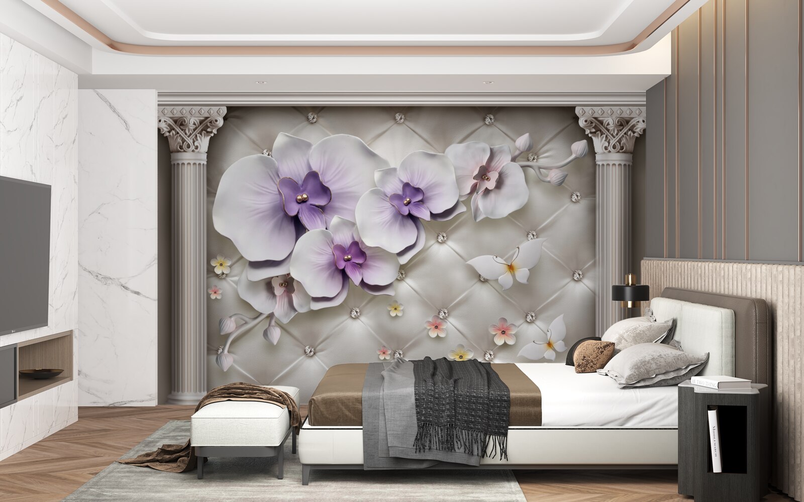 Fotobehang Sneeuwwitte orchidee versierd met goud en parels