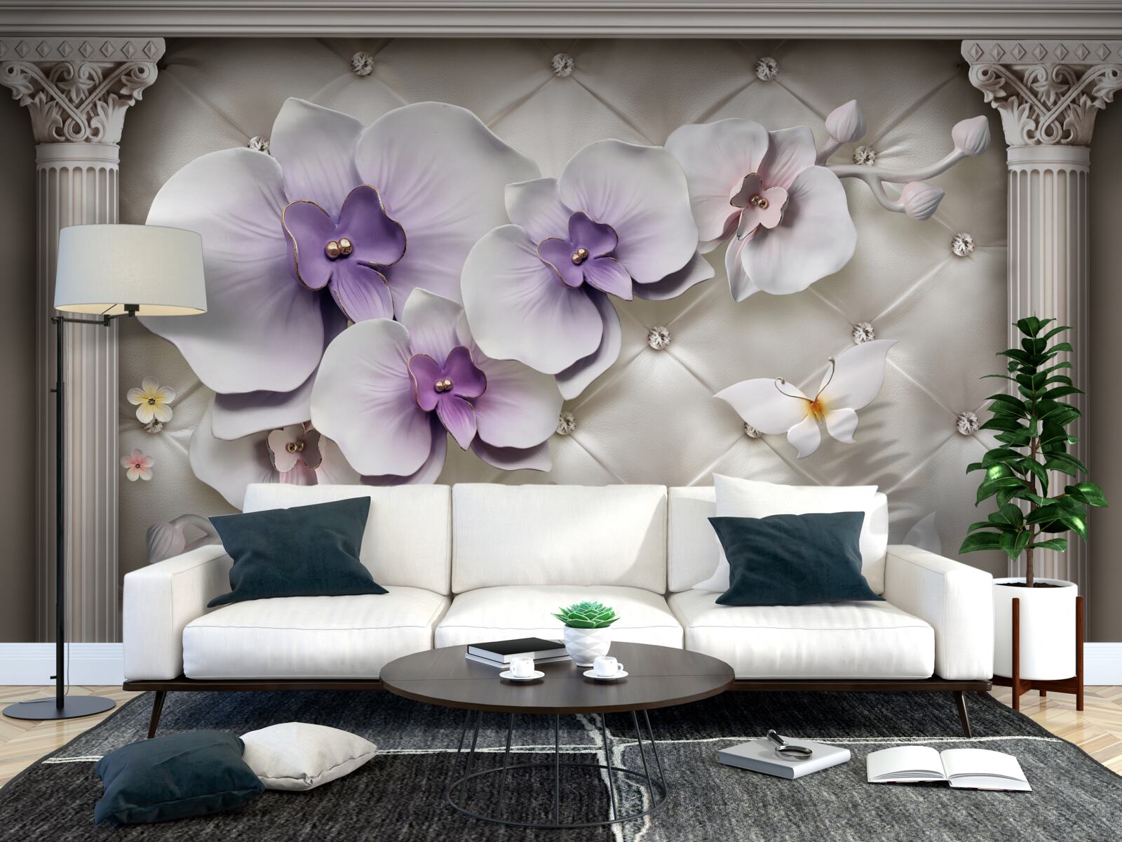 Fotobehang Sneeuwwitte orchidee versierd met goud en parels