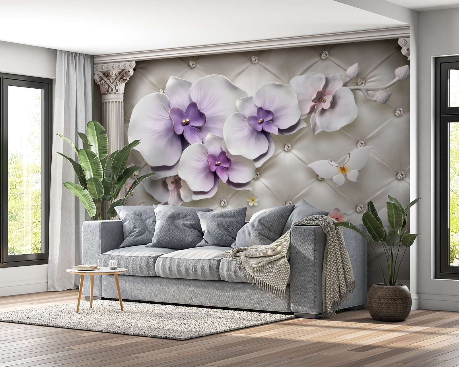 Fotobehang Sneeuwwitte orchidee versierd met goud en parels