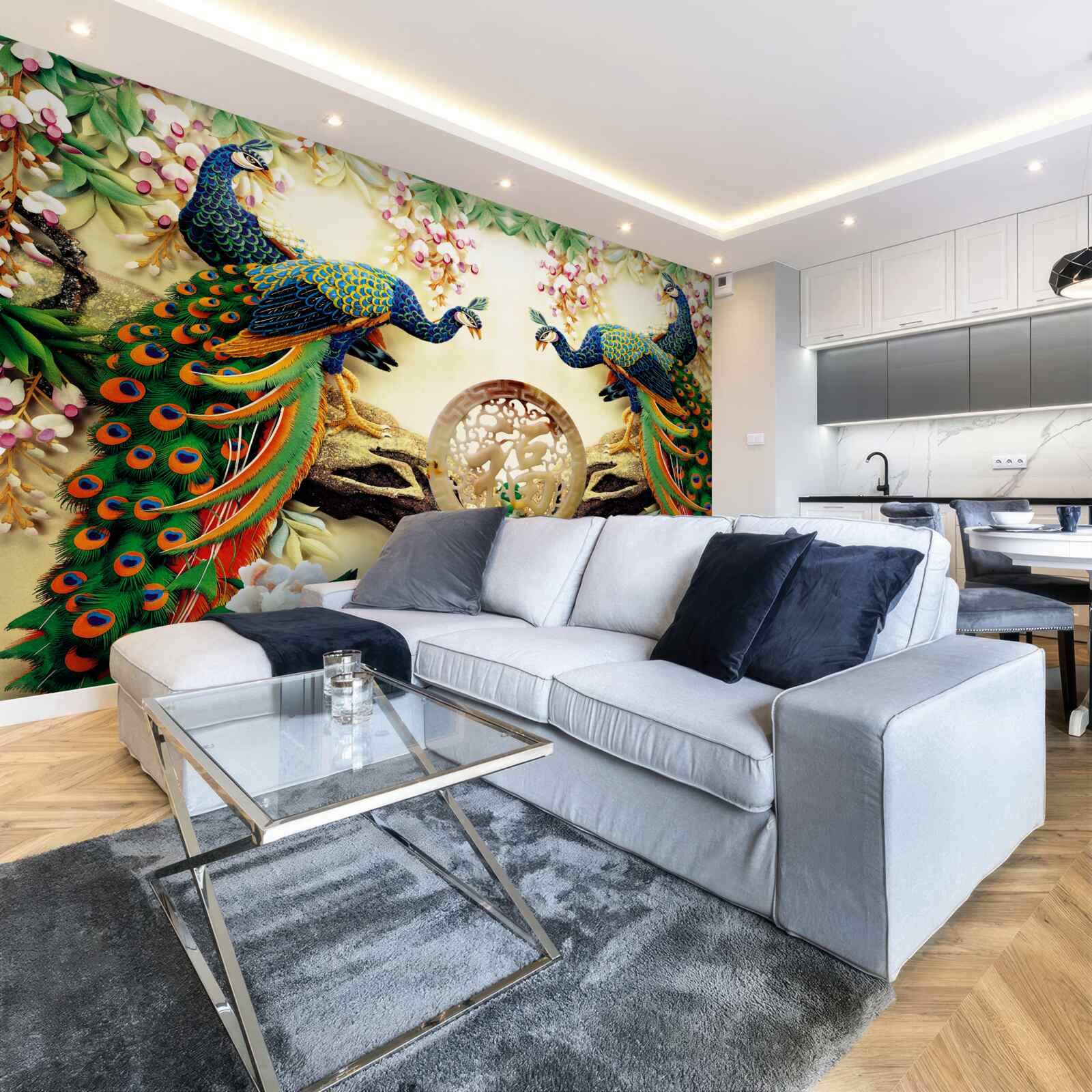 Fotobehang prachtige pauwen genieten van het rusten op een boom versierd met bloemen