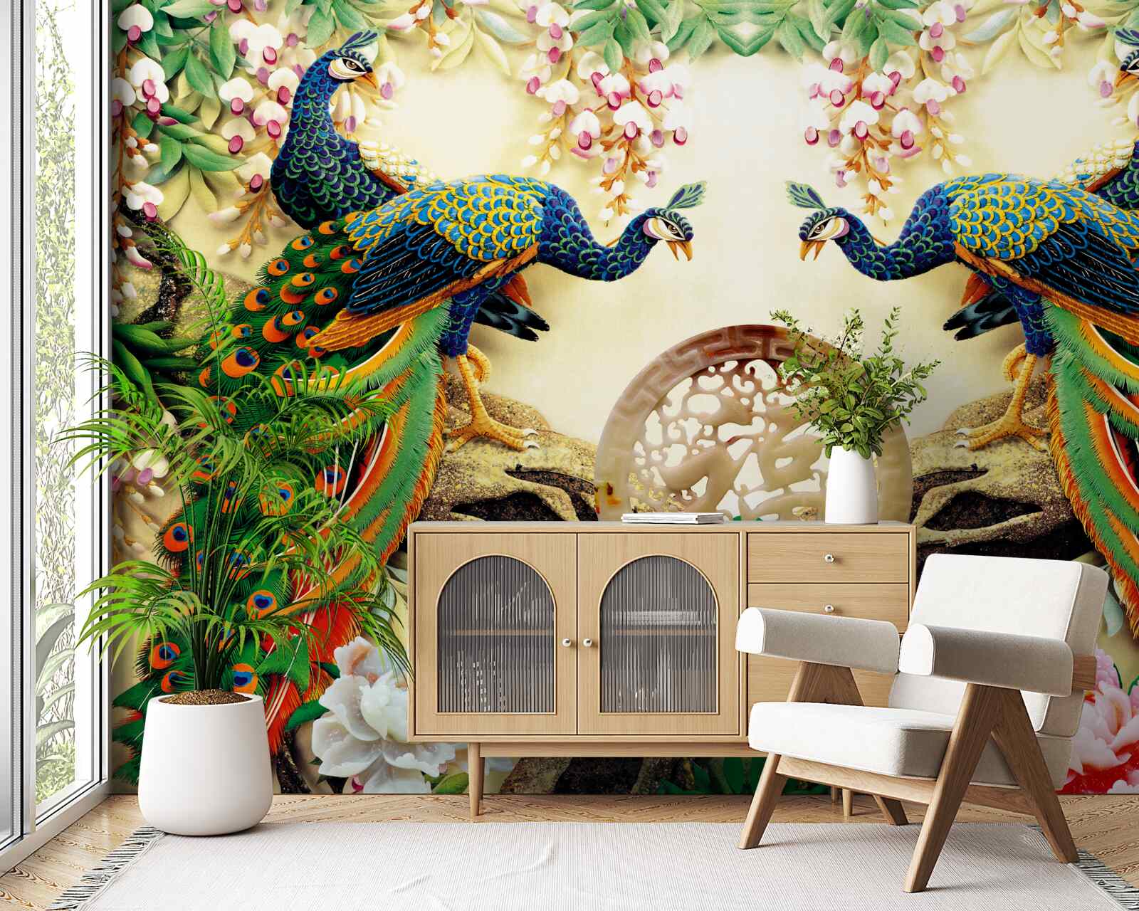 Fotobehang prachtige pauwen genieten van het rusten op een boom versierd met bloemen