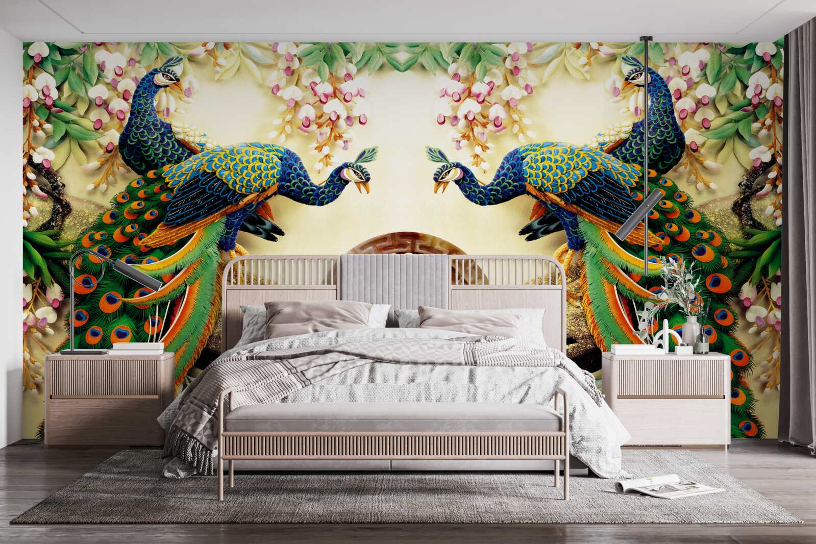 Fotobehang prachtige pauwen genieten van het rusten op een boom versierd met bloemen