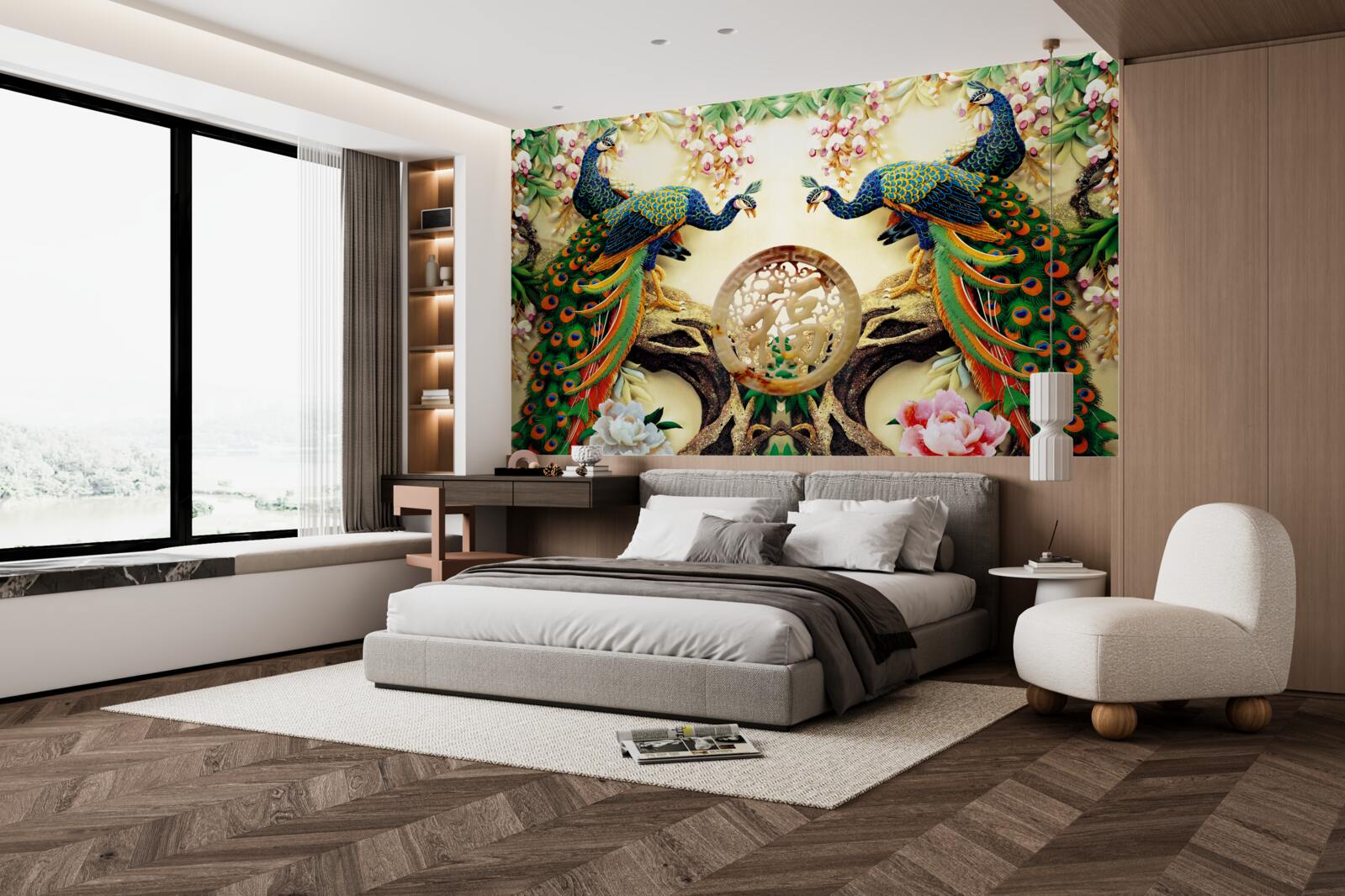 Fotobehang prachtige pauwen genieten van het rusten op een boom versierd met bloemen