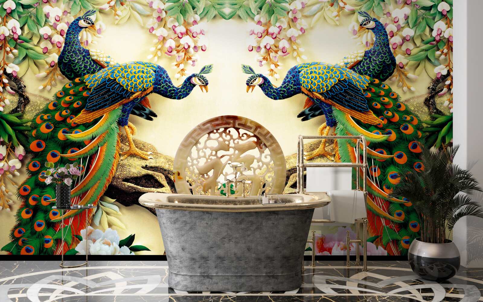 Fotobehang prachtige pauwen genieten van het rusten op een boom versierd met bloemen