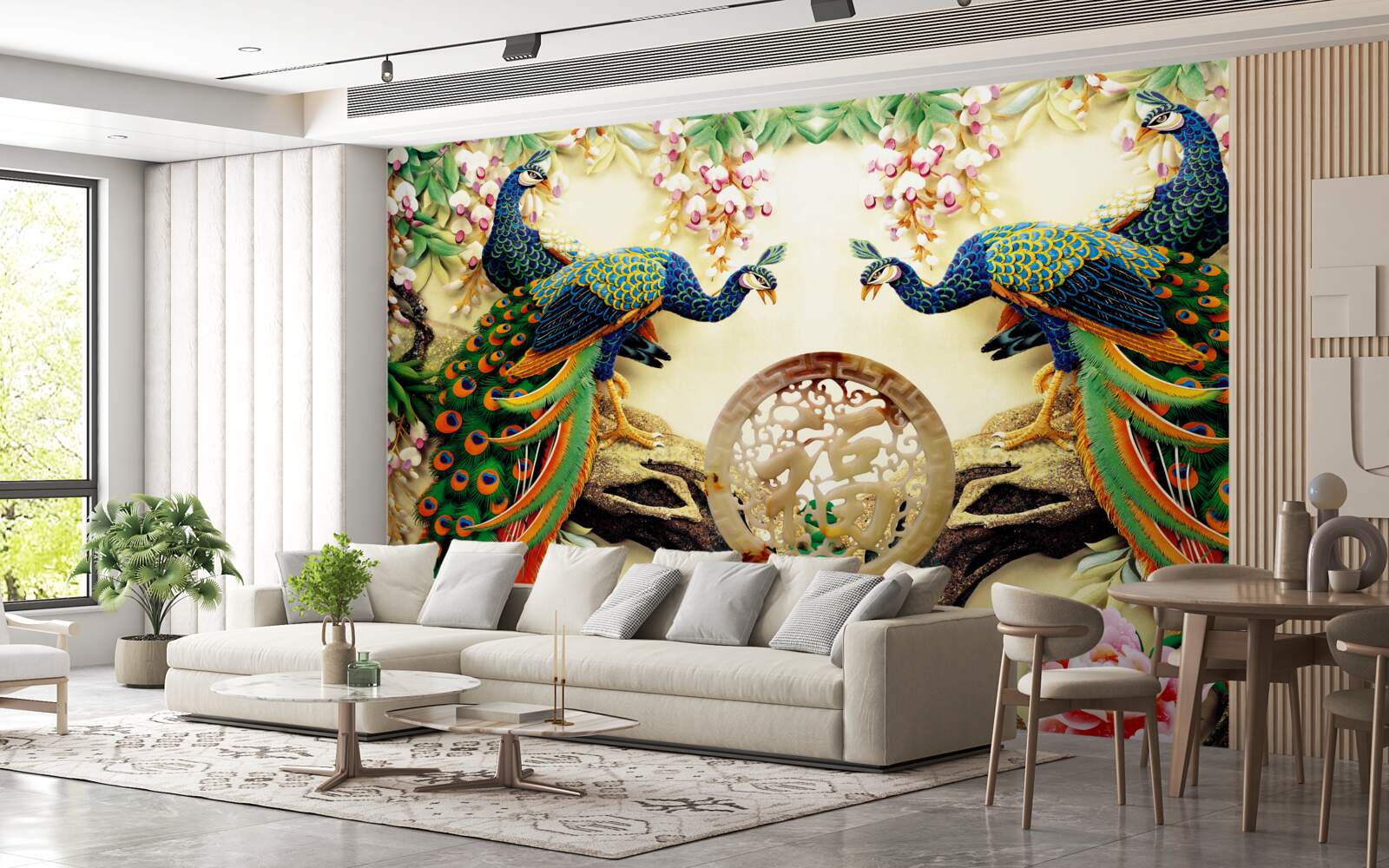 Fotobehang prachtige pauwen genieten van het rusten op een boom versierd met bloemen