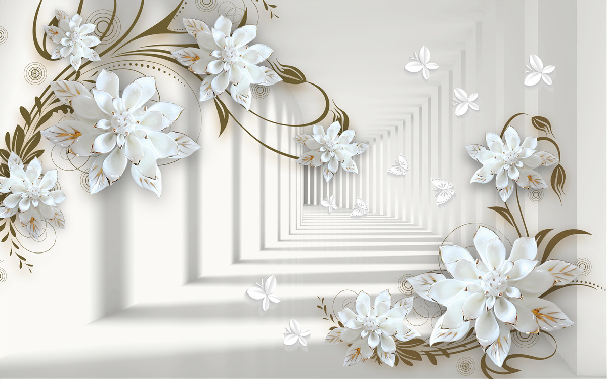 Fotobehang langs het panorama van de tunnel strekken gouden takken van magnolia's zich uit