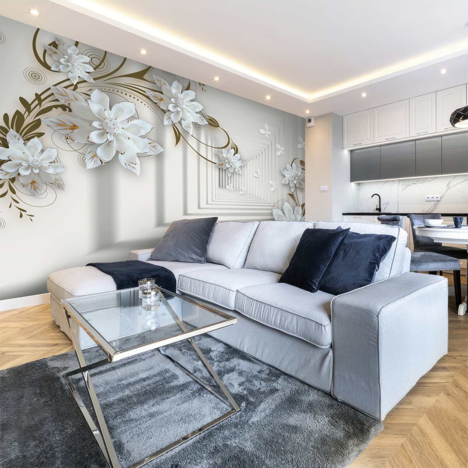 Fotobehang langs het panorama van de tunnel strekken gouden takken van magnolia's zich uit