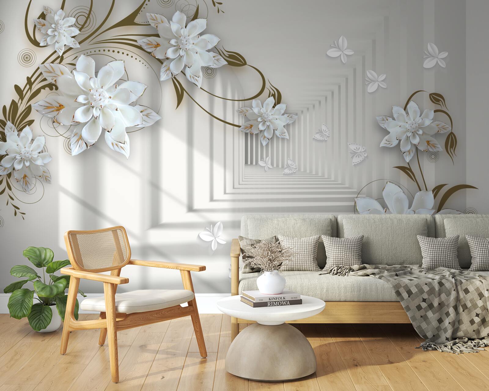 Fotobehang langs het panorama van de tunnel strekken gouden takken van magnolia's zich uit