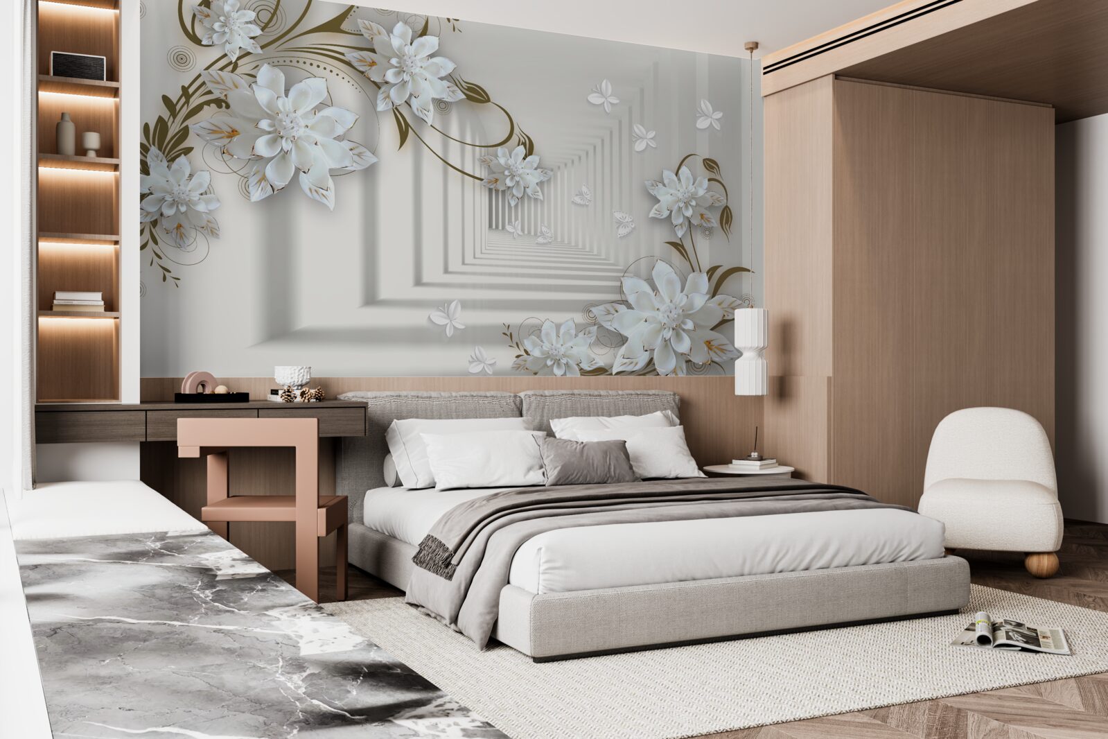 Fotobehang langs het panorama van de tunnel strekken gouden takken van magnolia's zich uit