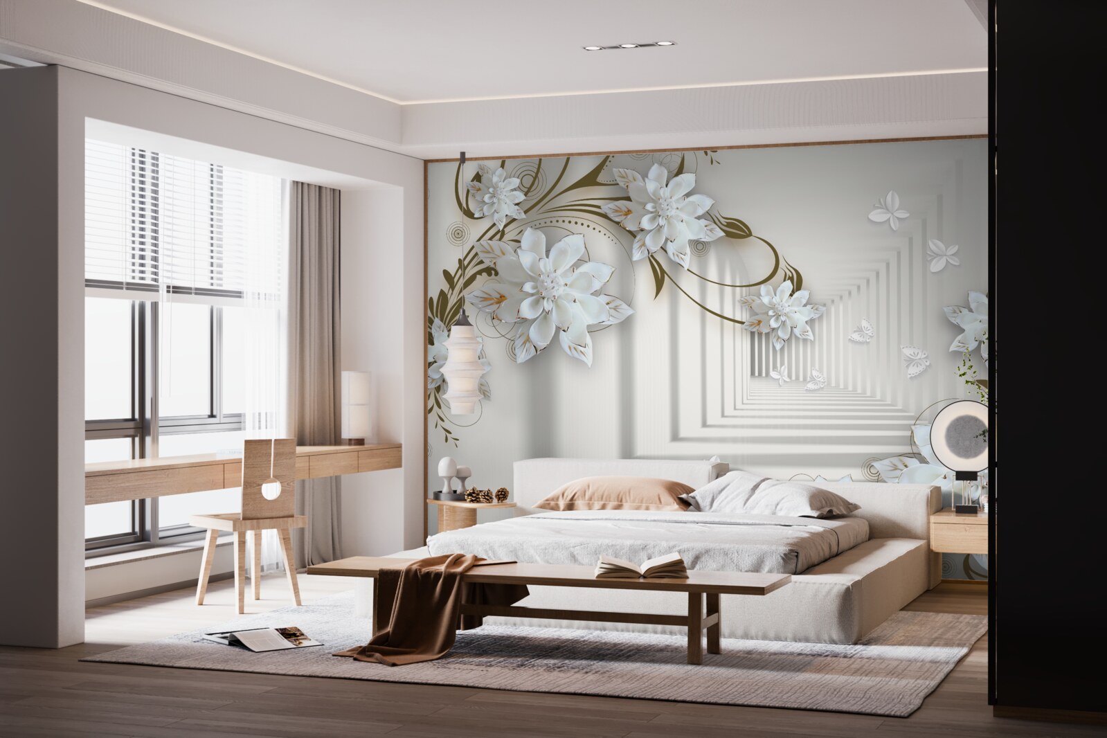 Fotobehang langs het panorama van de tunnel strekken gouden takken van magnolia's zich uit